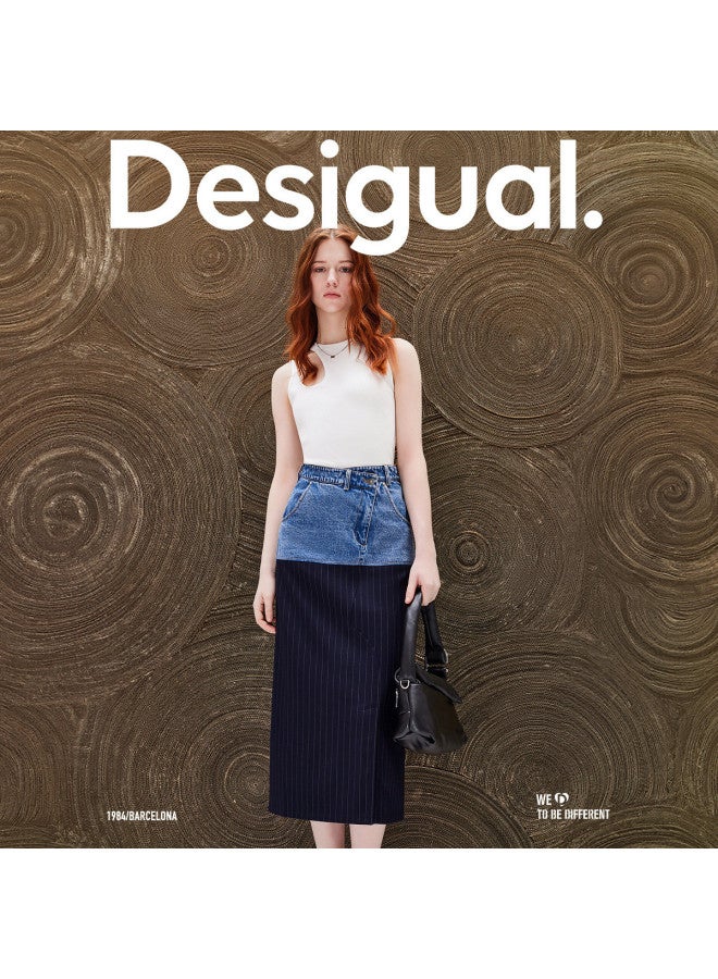 DESIGUAL straight-leg Striped Denim Patchwork Asymmetric Hem Long Skirt - Image 3