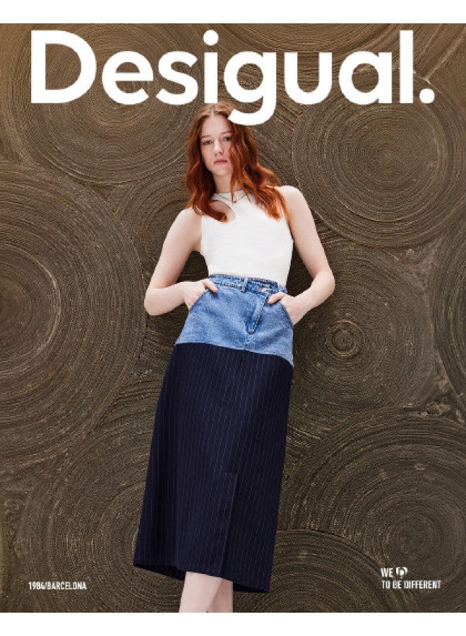 DESIGUAL straight-leg Striped Denim Patchwork Asymmetric Hem Long Skirt - Image 1