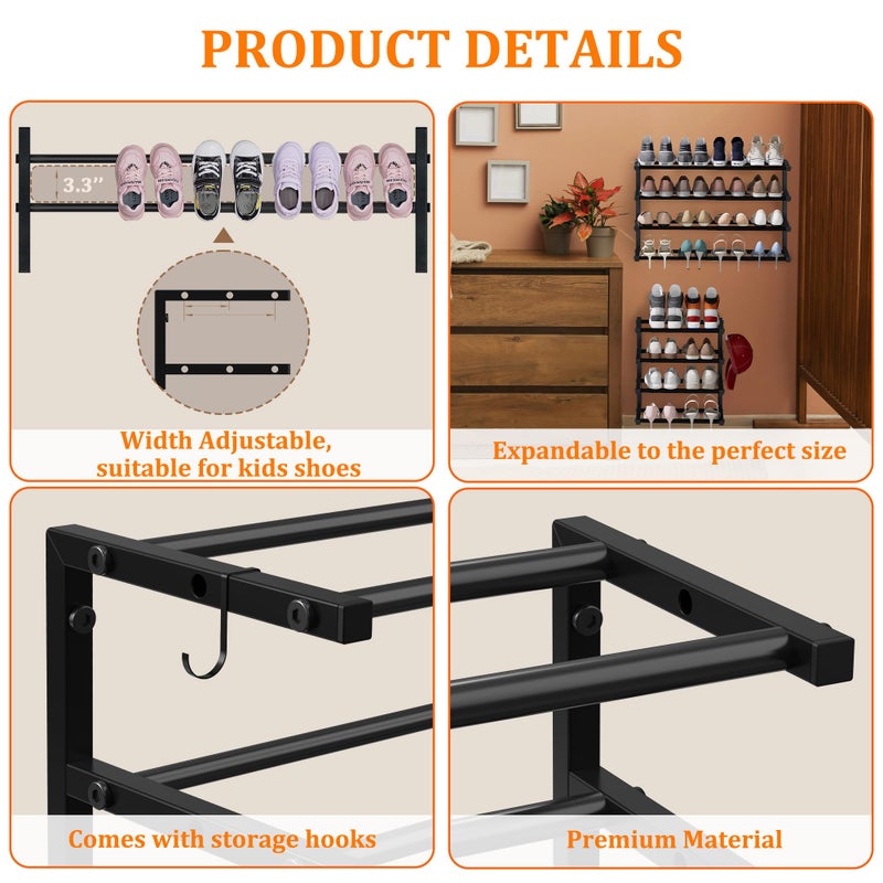 Jchccu 2 Pack Wall Mounted Shoe Rack, 4 Tier Hanging Shoe Rack Holds 32 Pairs, 17"-30"Adjustable Heavy Duty Wall Shoe Shelf with 4 Storage Hooks, Space Saving for Closet Entryway, Black, Patent Pending - Image 5