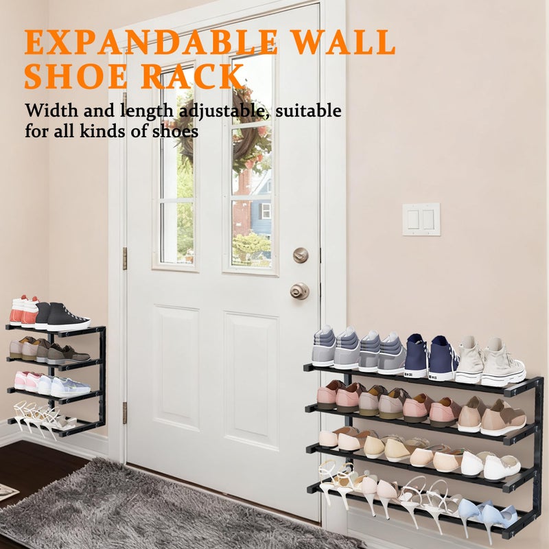 Jchccu 2 Pack Wall Mounted Shoe Rack, 4 Tier Hanging Shoe Rack Holds 32 Pairs, 17"-30"Adjustable Heavy Duty Wall Shoe Shelf with 4 Storage Hooks, Space Saving for Closet Entryway, Black, Patent Pending - Image 2