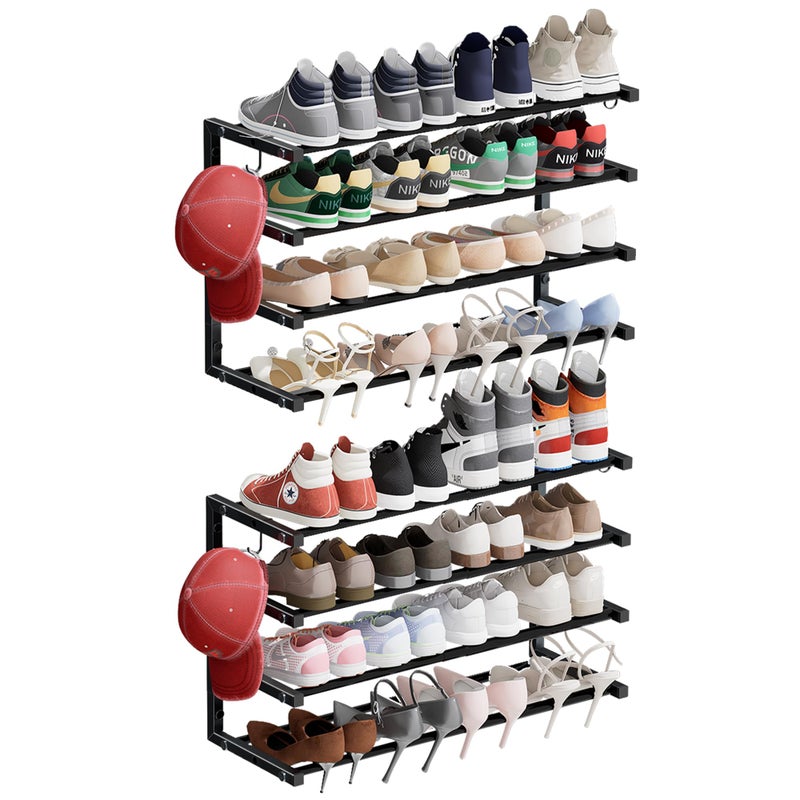 Jchccu 2 Pack Wall Mounted Shoe Rack, 4 Tier Hanging Shoe Rack Holds 32 Pairs, 17"-30"Adjustable Heavy Duty Wall Shoe Shelf with 4 Storage Hooks, Space Saving for Closet Entryway, Black, Patent Pending - Image 1
