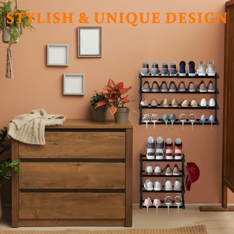 Jchccu 2 Pack Wall Mounted Shoe Rack, 4 Tier Hanging Shoe Rack Holds 32 Pairs, 17"-30"Adjustable Heavy Duty Wall Shoe Shelf with 4 Storage Hooks, Space Saving for Closet Entryway, Black, Patent Pending - Image 4