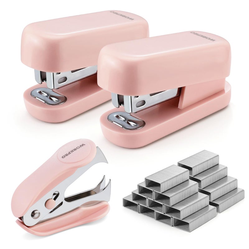 WORKPRO Mini Stapler with Staples, Pink Stapler Set Includes Two Small Staplers, One Staple Remover, 2000 Standard Staples - Cute Staplers for Desk with Non-Slip Base, Lock Design - Pink Ribbon - Image 1