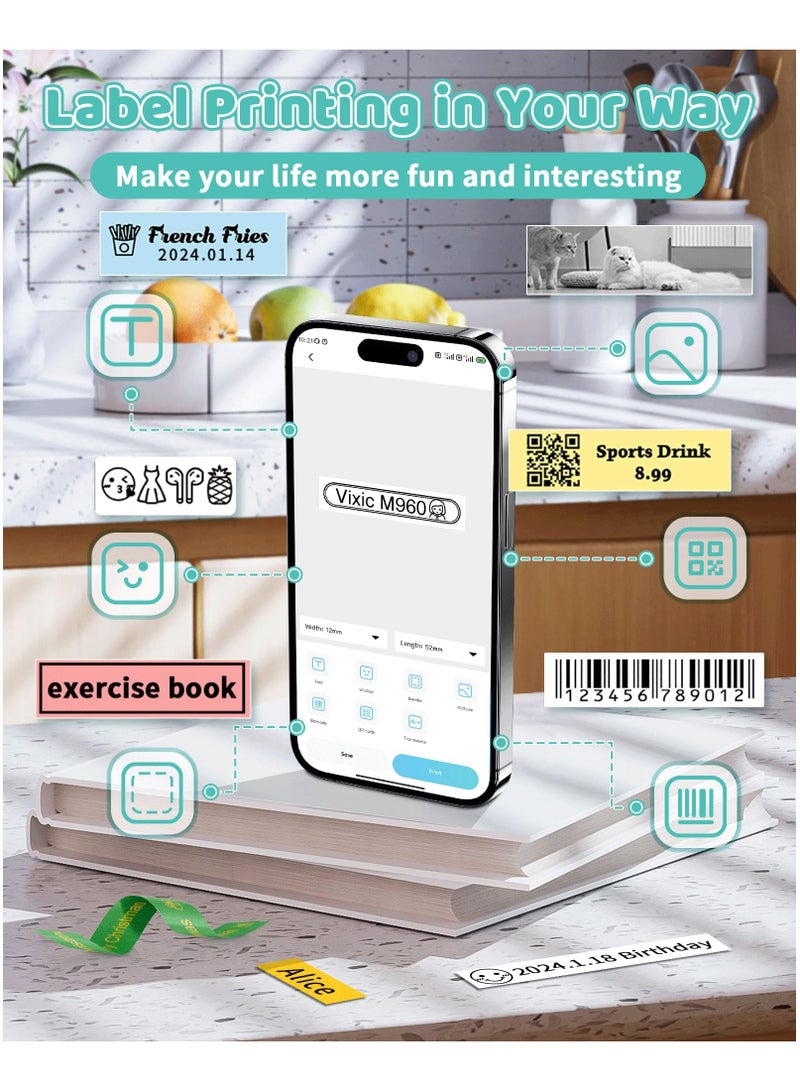 Vixic M960 Label Maker - Bluetooth Mini Label Maker Machine with Tape, Portable Handheld Label Printer,Easy to Use Smartphone Labeler for Home School Small Business Office Organization, Rechargeable - Image 4