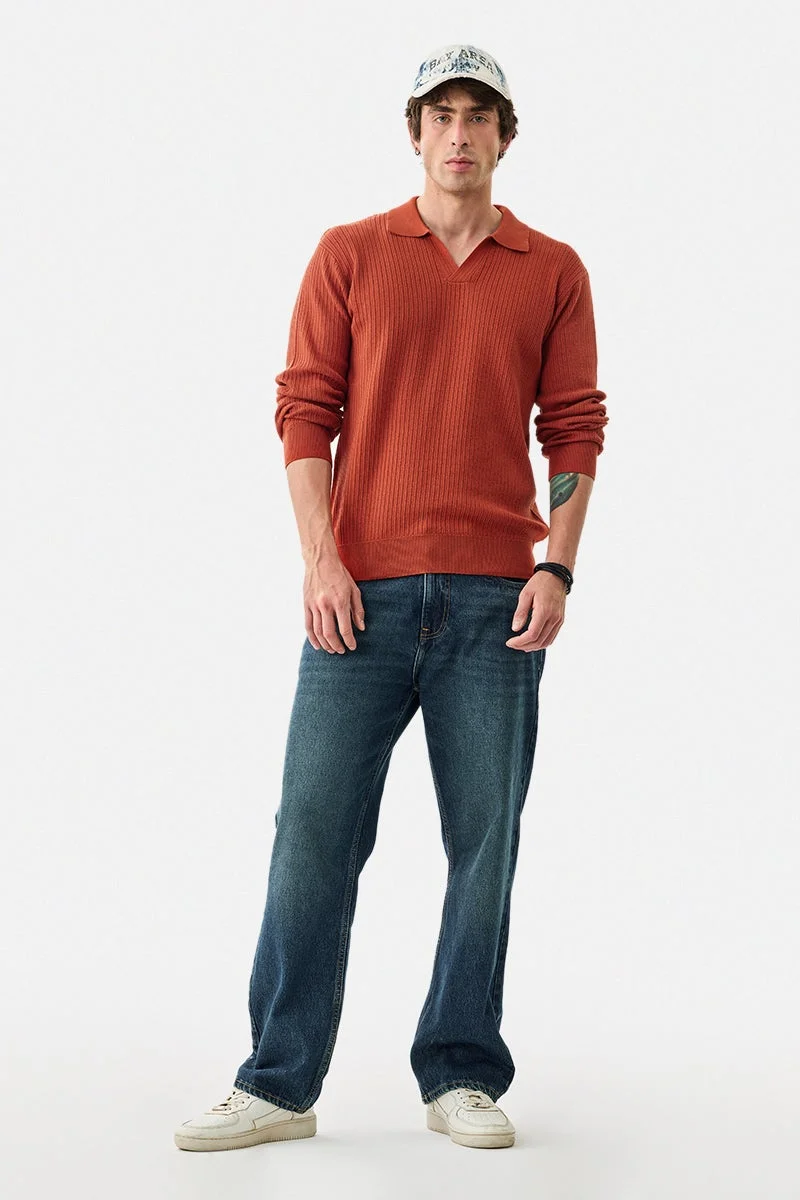 SNITCH Terracotta Ribbed Long Sleeve Regular Fit T-Shirt
