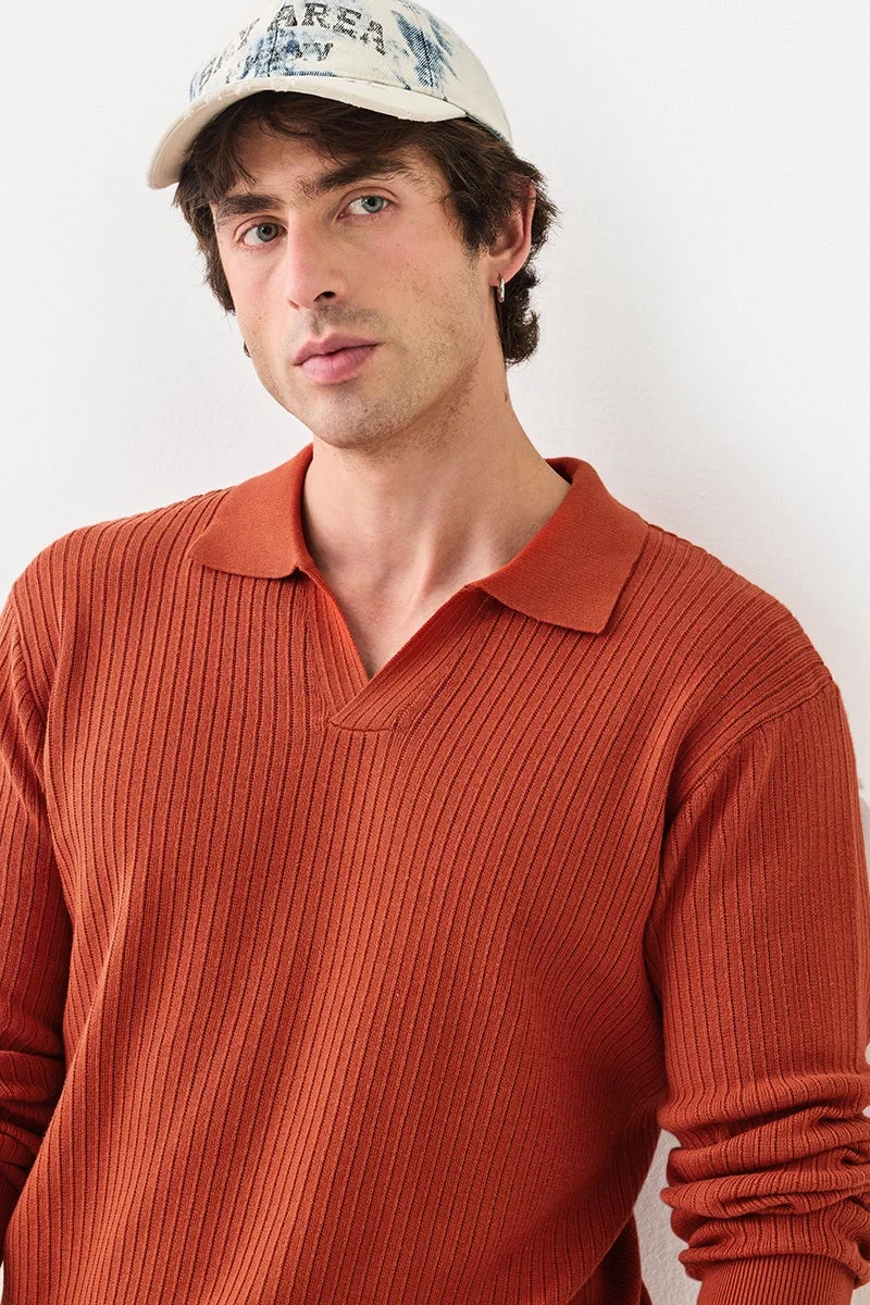 SNITCH Terracotta Ribbed Long Sleeve Regular Fit T-Shirt