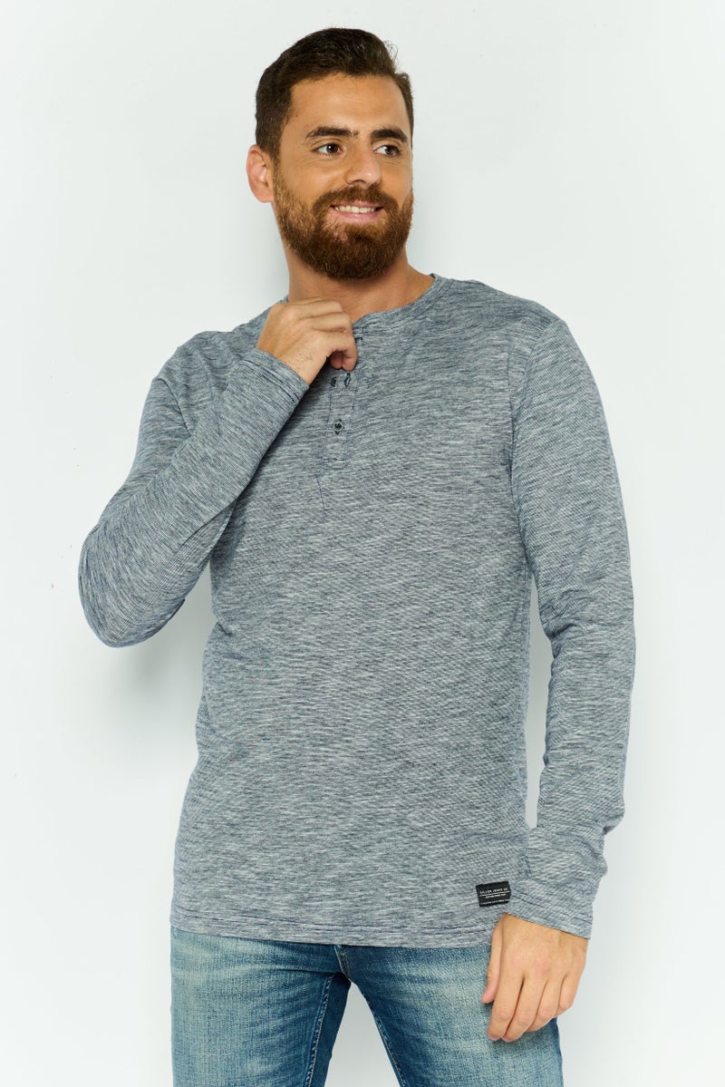 Silver Jeans Co Men Henley Neckline Space Dye Print Long Sleeves T-shirt, Blue Heather - Image 1