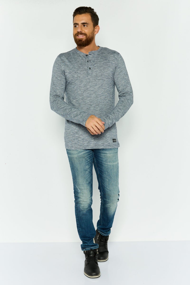 Silver Jeans Co Men Henley Neckline Space Dye Print Long Sleeves T-shirt, Blue Heather - Image 2