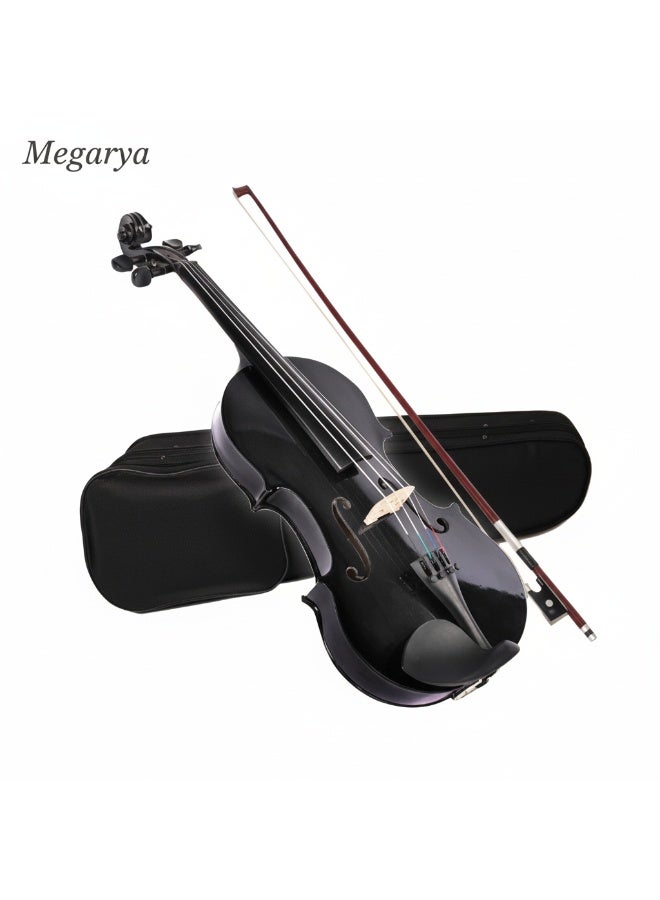 ميغاريا كمان أكوستيك مصنوع يدويًا مقاس 4/4 بالحجم الكامل | خشب القيقب الهندي | تشطيب أسود لامع | كمان للمبتدئين مع القوس والروزن وحقيبة صلبة | مناسب للأطفال والطلاب - Image 1