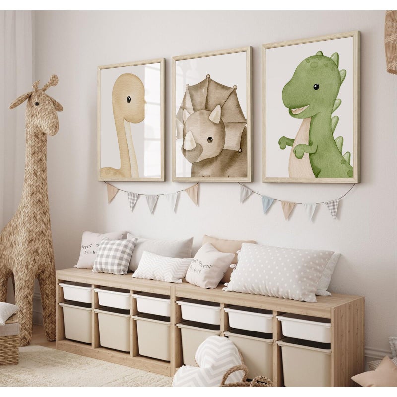 Tanmart Dinosaur Wall Art Kids Boys Room Canvas Wall Decor Dino Nursery Wall Art Pictures Baby Dinosaur Poster Prints for Boys Bedroom Bathroom 12x16 Inch Wood Framed Set of 3 - Image 3