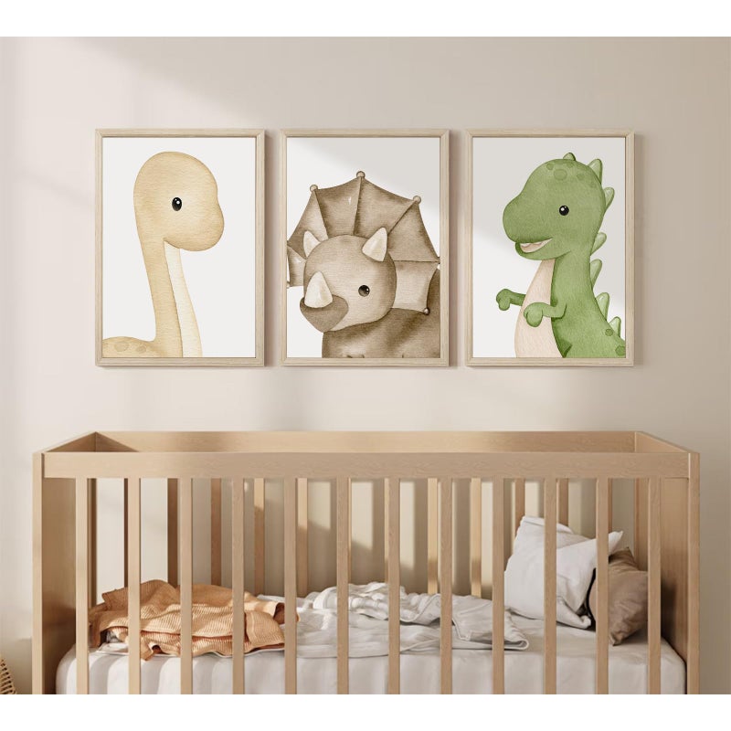 Tanmart Dinosaur Wall Art Kids Boys Room Canvas Wall Decor Dino Nursery Wall Art Pictures Baby Dinosaur Poster Prints for Boys Bedroom Bathroom 12x16 Inch Wood Framed Set of 3 - Image 4