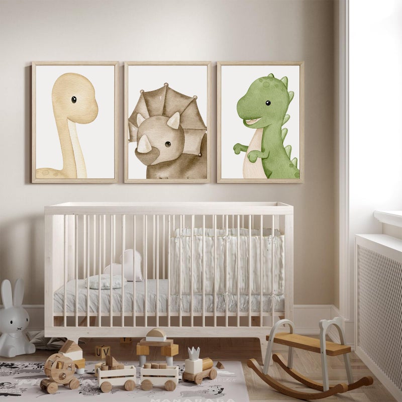 Tanmart Dinosaur Wall Art Kids Boys Room Canvas Wall Decor Dino Nursery Wall Art Pictures Baby Dinosaur Poster Prints for Boys Bedroom Bathroom 12x16 Inch Wood Framed Set of 3 - Image 5