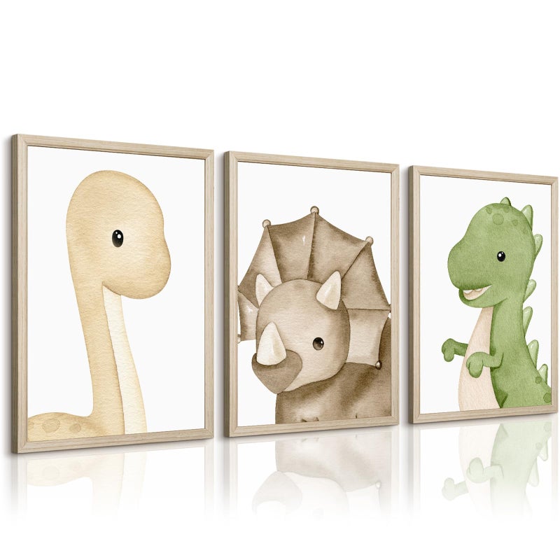 Tanmart Dinosaur Wall Art Kids Boys Room Canvas Wall Decor Dino Nursery Wall Art Pictures Baby Dinosaur Poster Prints for Boys Bedroom Bathroom 12x16 Inch Wood Framed Set of 3 - Image 1