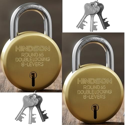 HINDSON Lock and Keys Door Lock for Home Round 65 Padlock with 3 Keys Double Locking 8 Lever gate, Shop Shutter Gold Finish (65mm, Steel, Pack of 2) - Image 1