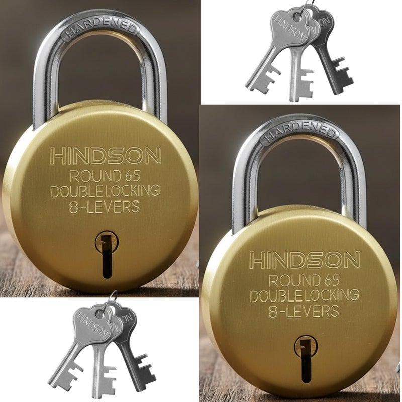 HINDSON Lock and Keys Door Lock for Home Round 65 Padlock with 3 Keys Double Locking 8 Lever gate, Shop Shutter Gold Finish (65mm, Steel, Pack of 2) - Image 5