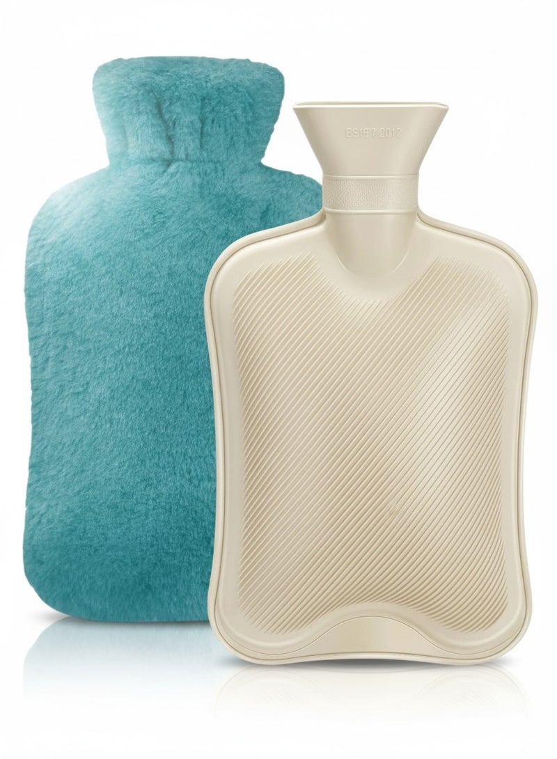 Cloudlyn 2L water capacity hot water rubber bag with plush cover for cramps and pain relief classic style green - Image 1