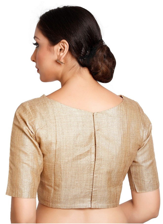 Studio Shringaar - Studio Shringaar Women's Readymade Golden Beign Polyester Saree Blouse with Short Sleeves (Gold, 46) - Image 1