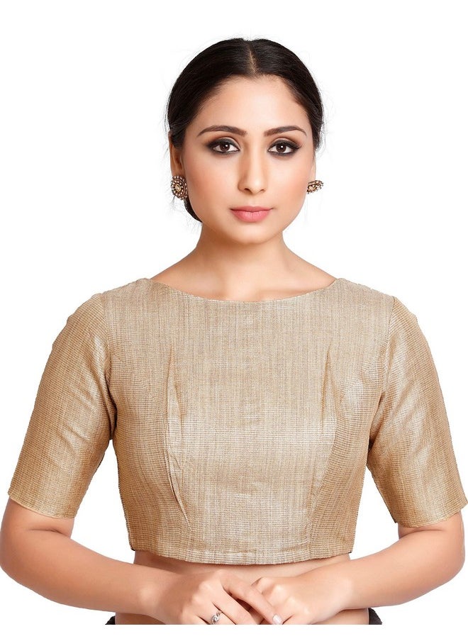 Studio Shringaar - Studio Shringaar Women's Readymade Golden Beign Polyester Saree Blouse with Short Sleeves (Gold, 46) - Image 1