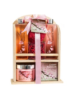 Freida and Joe Deluxe Cherry Blossom Spa Basket  Home Spa Set with Bubble Bath Bath Salts Body Lotion Bath Puff and Rose Soaps in Wooden Curio Valentines Gift for Women 