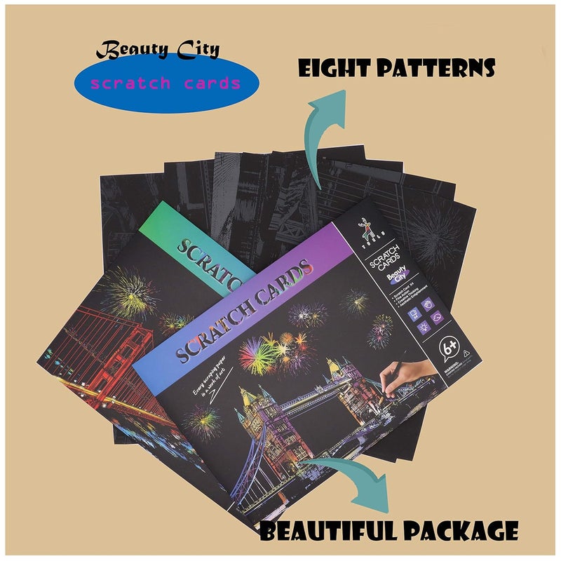 Niewalda Scratch Sketch Art Paper A4 for Kids Adults Paint by Scratch Rainbow Scratch Painting Night View ArtCraft 8PC Scratch Cards Scratch Drawing Pen Clean Brush Beautiful City - Image 4