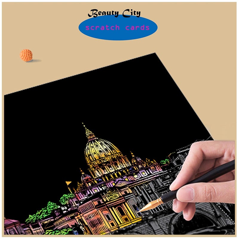 Niewalda Scratch Sketch Art Paper A4 for Kids Adults Paint by Scratch Rainbow Scratch Painting Night View ArtCraft 8PC Scratch Cards Scratch Drawing Pen Clean Brush Beautiful City - Image 5