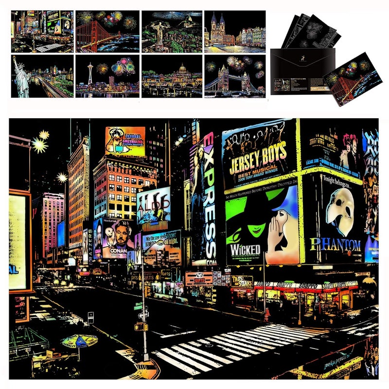 Niewalda Scratch Sketch Art Paper A4 for Kids Adults Paint by Scratch Rainbow Scratch Painting Night View ArtCraft 8PC Scratch Cards Scratch Drawing Pen Clean Brush Beautiful City - Image 1