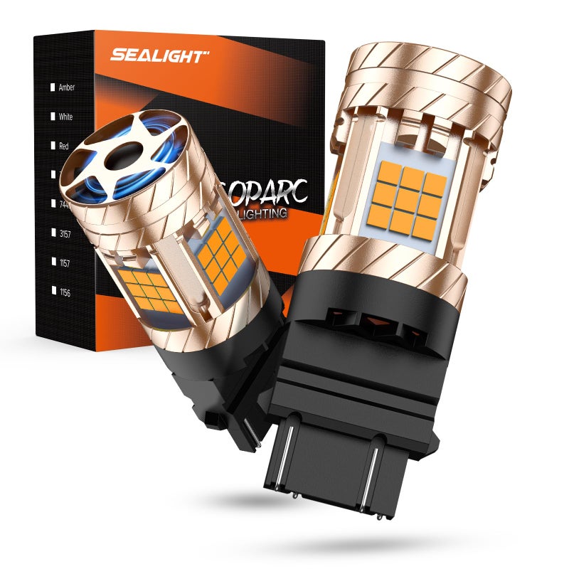 SEALIGHT 3157 LED Bulbs 3157 LED Turn Signal Bulbs Anti Hyper Flash With Turbo Fan 2700K Amber Yellow Bulb Replacement for Front Rear Turn Signal Tail Blinker Light Plug N Play 2PCS - Image 2