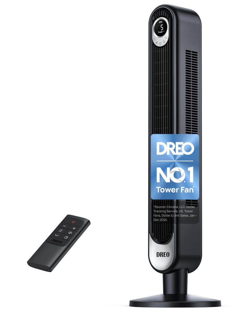 Dreo Dreo Tower Fan for Bedroom 90 Oscillating Standing Fan 30ft far 28dB Quiet for Sleep 6 Speeds 4 Modes 12H Timer 42 Inch Bladeless Remote for Home Office Room Cruiser Pro T1 