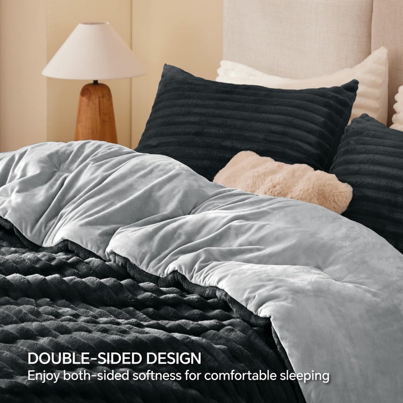 بيديليت مجموعة من الصوف البدير الكامل مجموعة المعززة -Super Soft and Dark Flefty Black Bedding Luxury Fuzzy Deair Sed For Winter مع حالتين وسادة - Image 5
