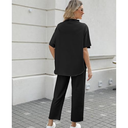 SeeLuNa أطقم نسائية من SeeLuNa مكونة من قطعتين بأكمام باتوينغ 3/4 وقبة علوية عريضة وسروال واسع (أسود، M) - Image 2