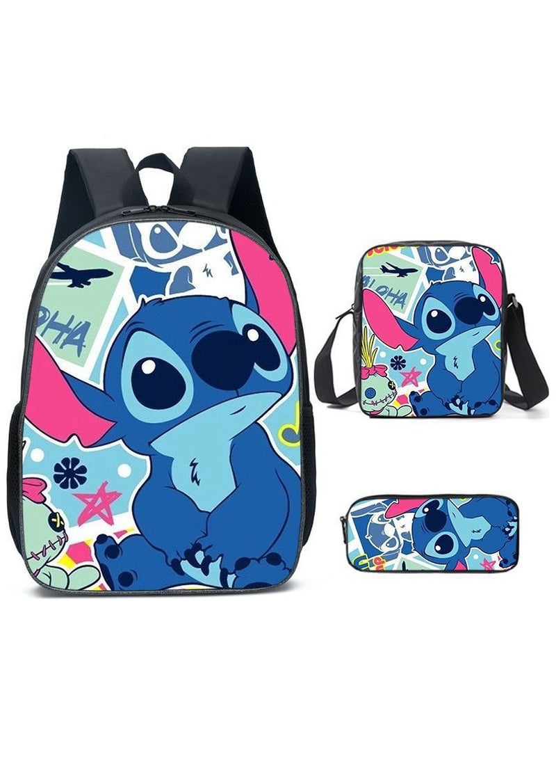 Anime Stitch Three Piece School Bag for Primary and Secondary School Students Large Capacity Backpack Backpack