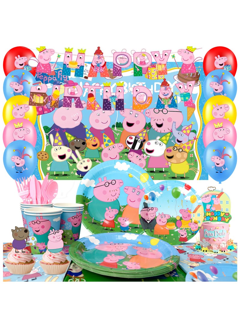 ILovhaprty Peppa Pig Birthday Decorations, 112pcs Peppa Pig Party Decorations & Peppa Pig Party Tableware Set - Peppa Pig Party Plates Cups Napkins Backdrop Balloon Banner etc Peppa Pig Party Supplies - Image 1