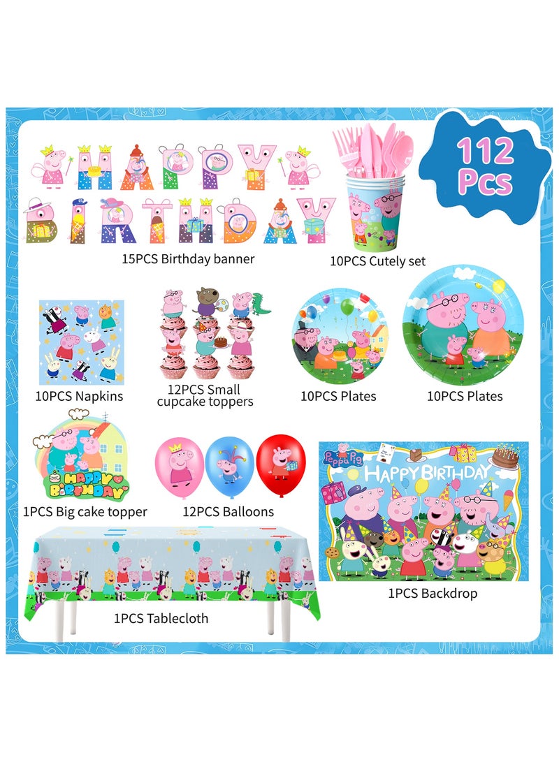 ILovhaprty Peppa Pig Birthday Decorations, 112pcs Peppa Pig Party Decorations & Peppa Pig Party Tableware Set - Peppa Pig Party Plates Cups Napkins Backdrop Balloon Banner etc Peppa Pig Party Supplies - Image 2
