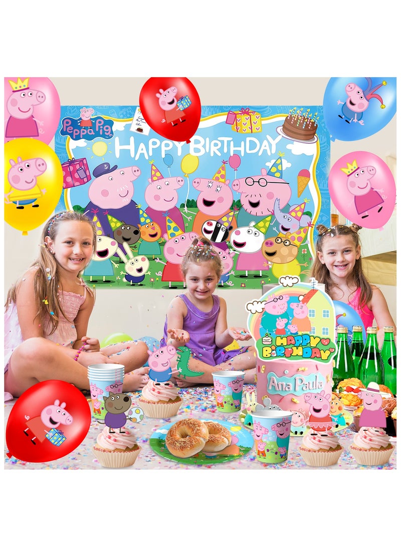 ILovhaprty Peppa Pig Birthday Decorations, 112pcs Peppa Pig Party Decorations & Peppa Pig Party Tableware Set - Peppa Pig Party Plates Cups Napkins Backdrop Balloon Banner etc Peppa Pig Party Supplies - Image 5
