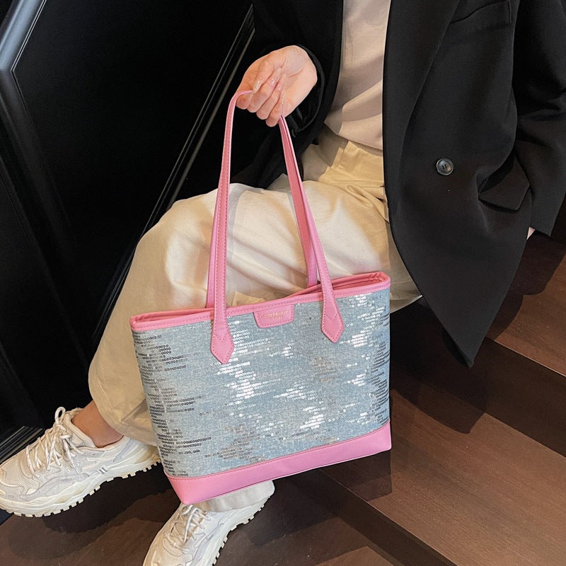 Niche Design Contrasting Color Sequin Large Bag For Women Fashion Commuter Tote Bag Summer Texture Armpit Bag - Image 2
