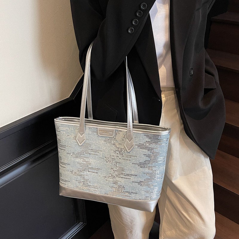 Niche Design Contrasting Color Sequin Large Bag For Women Fashion Commuter Tote Bag Summer Texture Armpit Bag - Image 3
