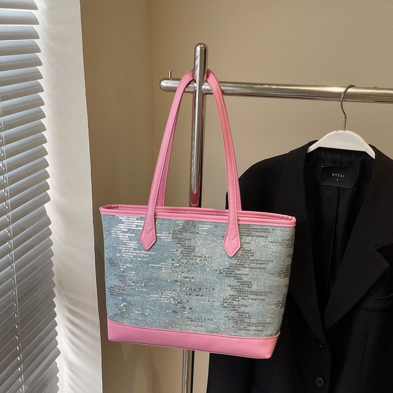 Niche Design Contrasting Color Sequin Large Bag For Women Fashion Commuter Tote Bag Summer Texture Armpit Bag - Image 1
