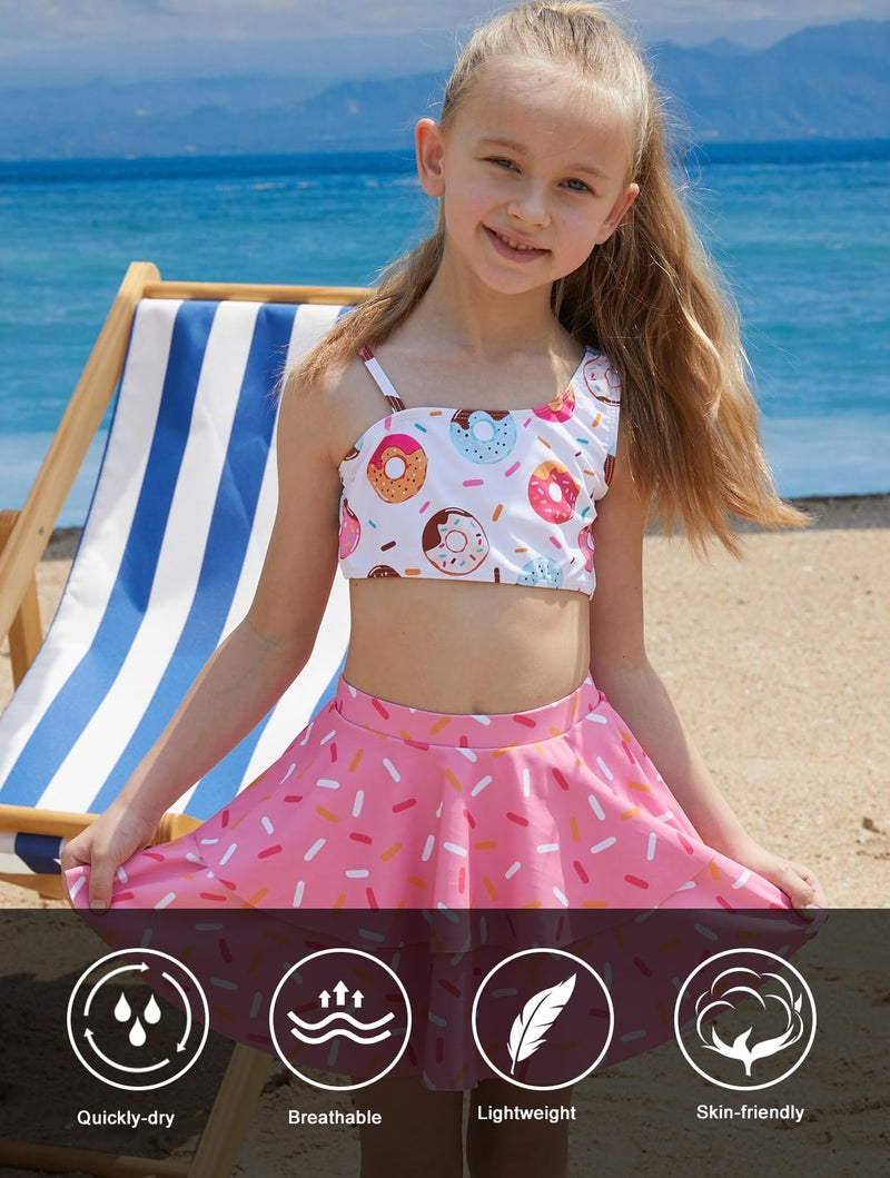 RAISEVERN Little Girls Bathing Suit Size 7-8 3 Piece Swimsuit Adjustable Spaghetti Strap Donuts Bikini Sets with Ruffle Cover Ups Beach Skirt Size 8 Cute Quick Dry Tankini Summer Swimwear - Image 4