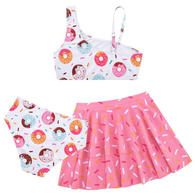 RAISEVERN Little Girls Bathing Suit Size 7-8 3 Piece Swimsuit Adjustable Spaghetti Strap Donuts Bikini Sets with Ruffle Cover Ups Beach Skirt Size 8 Cute Quick Dry Tankini Summer Swimwear - Image 3