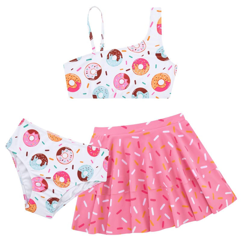 RAISEVERN Little Girls Bathing Suit Size 7-8 3 Piece Swimsuit Adjustable Spaghetti Strap Donuts Bikini Sets with Ruffle Cover Ups Beach Skirt Size 8 Cute Quick Dry Tankini Summer Swimwear - Image 1