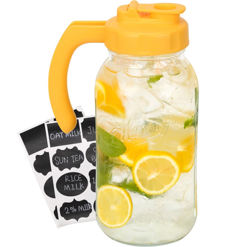 Soligt Glass Mason Jar Pitcher with Lid Wide Mouth Flip Cap Pour Spout Leakproof Lid with Handle 64 oz 2 Quart 19 Liter for Sun TeaIced TeaJuiceCold Brew CoffeeMilk 1 Pack Vivid Yellow