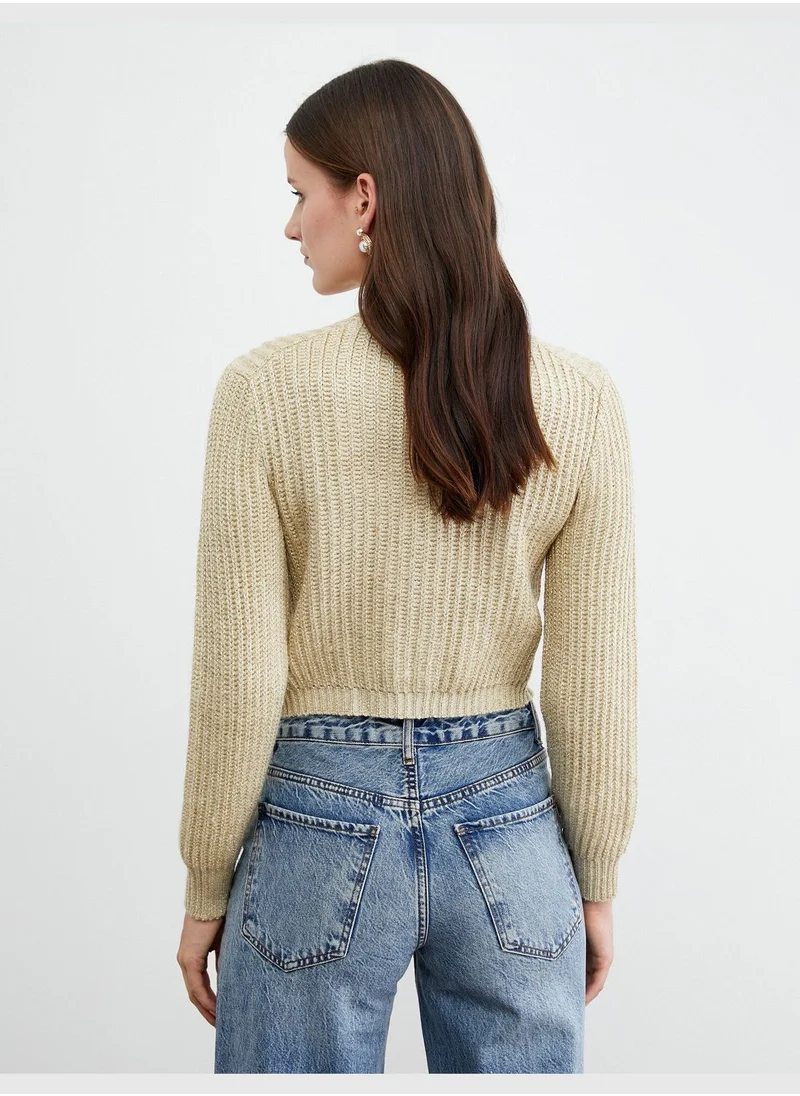 كوتون Buttoned V Neck Crop Cardigan