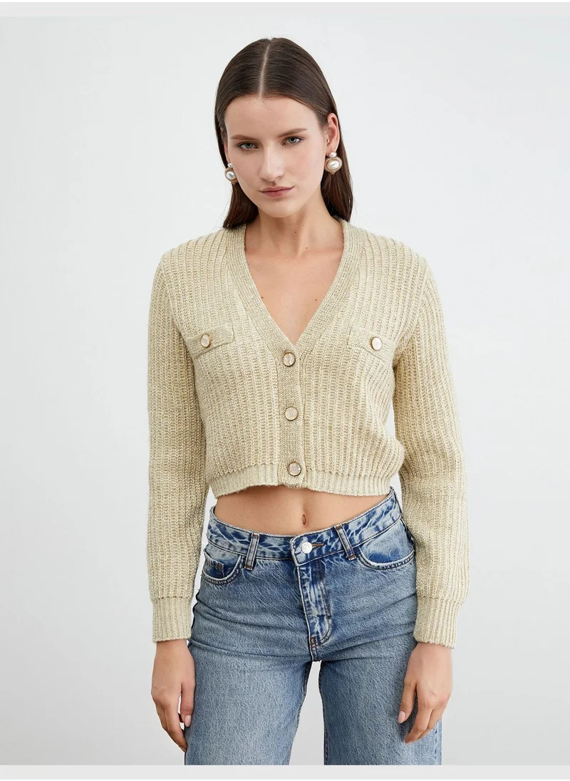 كوتون Buttoned V Neck Crop Cardigan