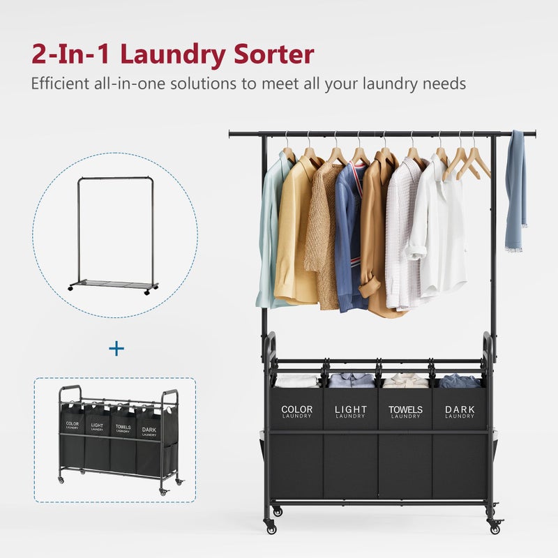 Tajsoon Laundry Sorter Cart with Hanging Clothes Rack, 4 Butler Sorter Basket Organizer, Laundry Hamper Cart with Heavy Duty Rolling Lockable Wheels, Black - Image 3