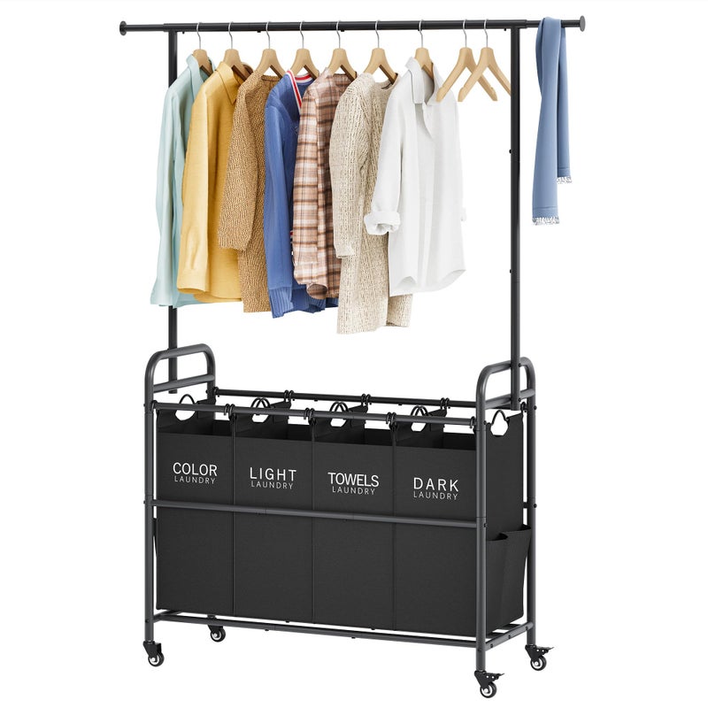 Tajsoon Laundry Sorter Cart with Hanging Clothes Rack, 4 Butler Sorter Basket Organizer, Laundry Hamper Cart with Heavy Duty Rolling Lockable Wheels, Black - Image 1