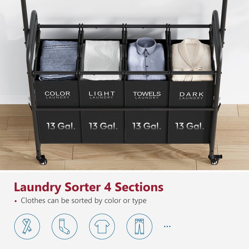 Tajsoon Laundry Sorter Cart with Hanging Clothes Rack, 4 Butler Sorter Basket Organizer, Laundry Hamper Cart with Heavy Duty Rolling Lockable Wheels, Black - Image 4