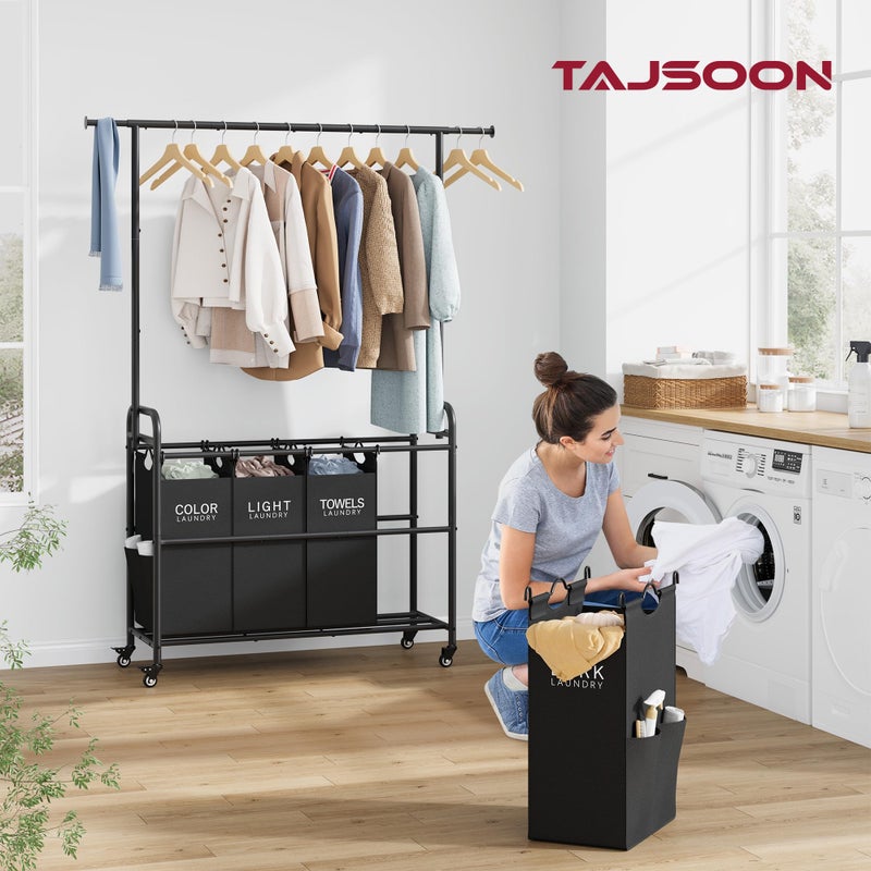 Tajsoon Laundry Sorter Cart with Hanging Clothes Rack, 4 Butler Sorter Basket Organizer, Laundry Hamper Cart with Heavy Duty Rolling Lockable Wheels, Black - Image 2