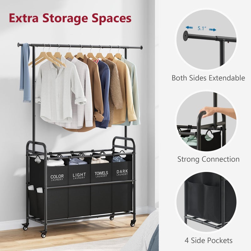 Tajsoon Laundry Sorter Cart with Hanging Clothes Rack, 4 Butler Sorter Basket Organizer, Laundry Hamper Cart with Heavy Duty Rolling Lockable Wheels, Black - Image 5