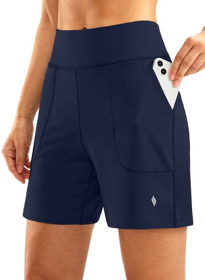 SANTINY Women's 6'' Athletic Long Shorts with 4 Pockets High Waisted Bermuda Shorts for Women Walking Running Casual, Navy, M - Image 1