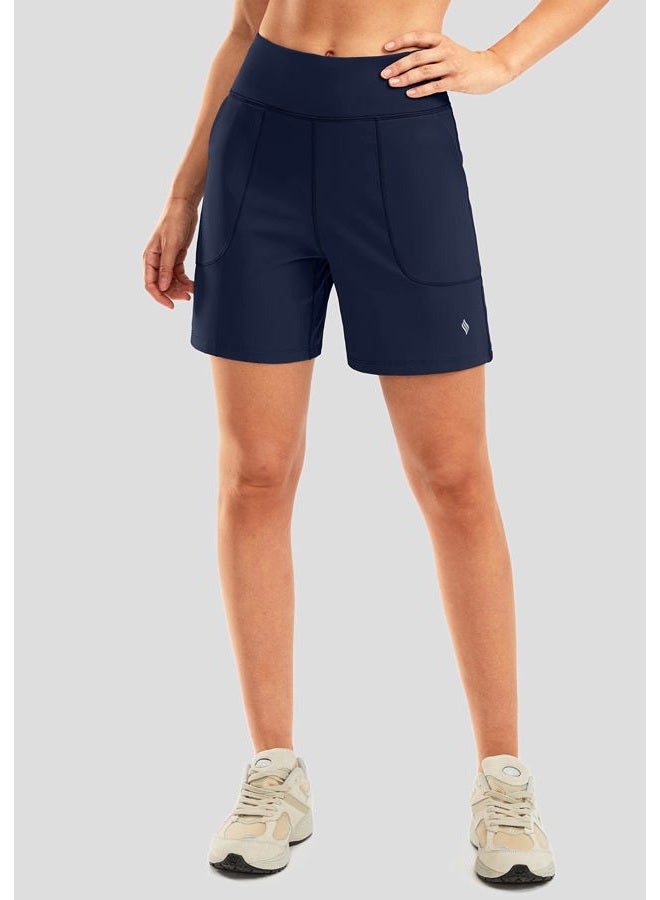 SANTINY Women's 6'' Athletic Long Shorts with 4 Pockets High Waisted Bermuda Shorts for Women Walking Running Casual, Navy, M - Image 3